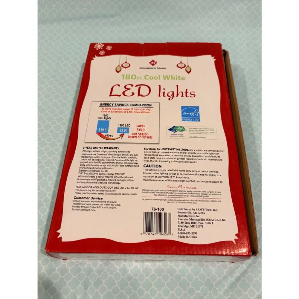 Members Mark 180 ct Cool White LED lights‎ Christmas Holiday Decor Lighting